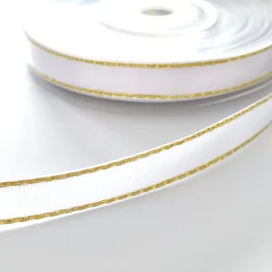 Fita de cetim com lurex- 10 mm- Branco/dourado
