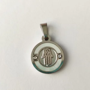 Pendente em aço inoxidável com madrepérola- Mão de Fátima-10 mm