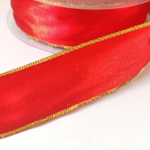 Fita de cetim com lurex- 25 mm- vermelho/dourado